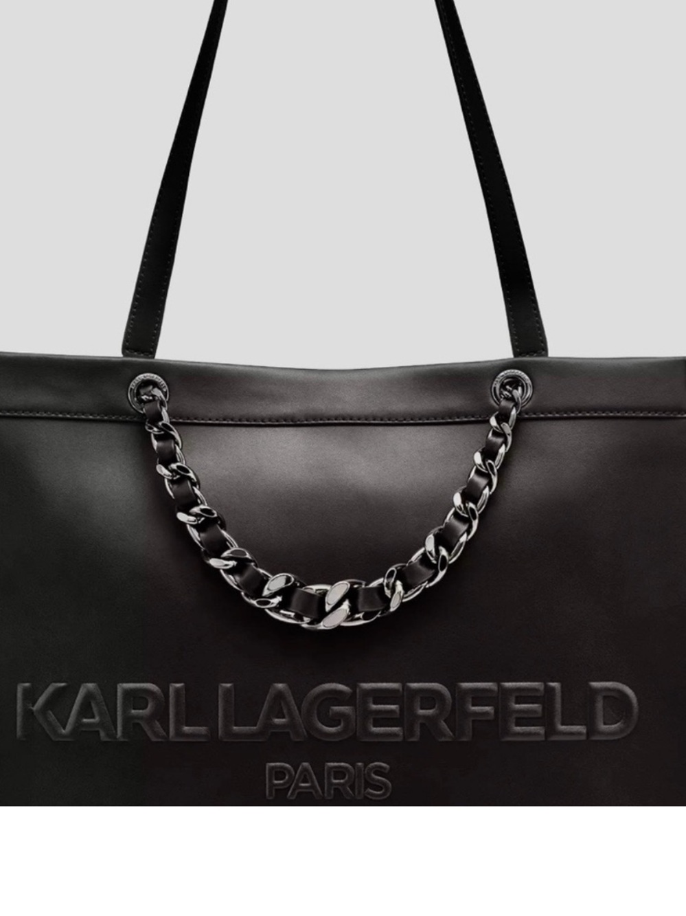 Karl Lagerfeld Black Leather Tote with Gunmetal Chain Accent MSRP $268
